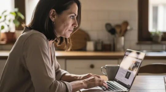 Femme comparant des offres mutuelle santé sur ordinateur dans sa cuisine