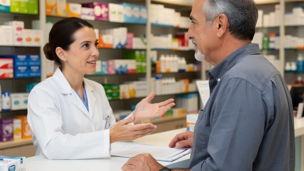 Homme utilisant le tiers payant mutuelle au comptoir d'une pharmacie française