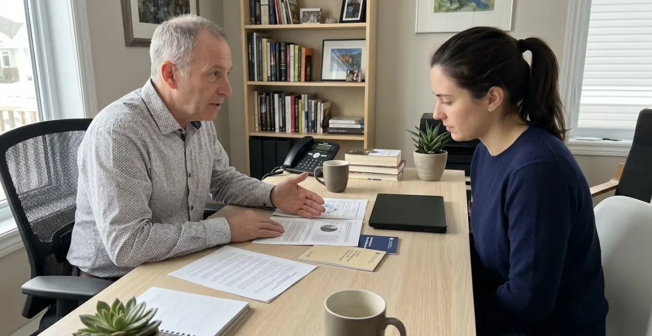 Deux personnes vues de dos assises à une table en bois moderne consultent des documents d'assurance dans un intérieur résidentiel contemporain au Québec