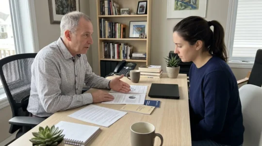 Deux personnes vues de dos assises à une table en bois moderne consultent des documents d'assurance dans un intérieur résidentiel contemporain au Québec