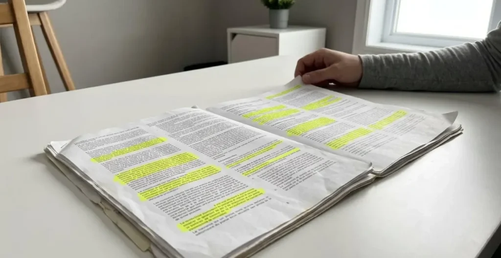 Gros plan macro de pages d'un contrat d'assurance habitation avec paragraphes de texte dense et sections surlignées en jaune posées sur une surface de bureau blanche contemporaine