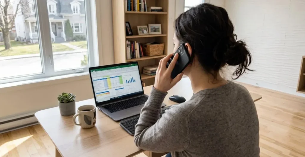 Personne de dos assise à un bureau de maison contemporain en conversation téléphonique professionnelle avec ordinateur portable affichant un tableur de données financières